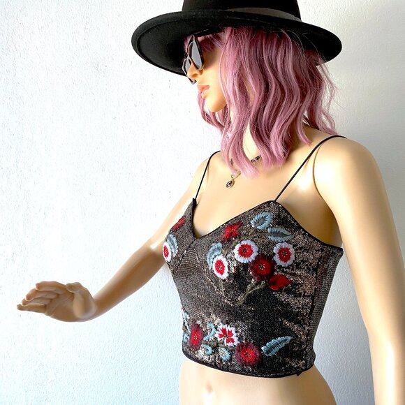 Embroidered Sequin Crop Top Cocktail Party Top Shiny Gold Crop Top Festival Glam - Picture 5 of 10